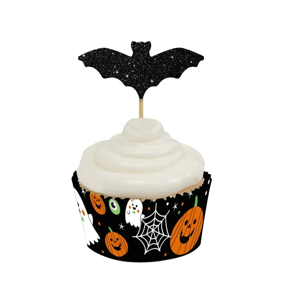 AH Halloween Glitter Bat Cupcake Toppers Black pk/12