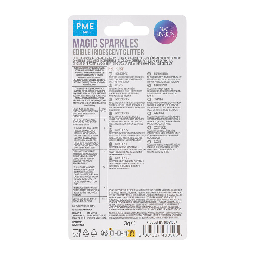 PME Magic Sprinkles &ndash; Eetbare Iriserende Glittervlokken Robijnrood (3g)