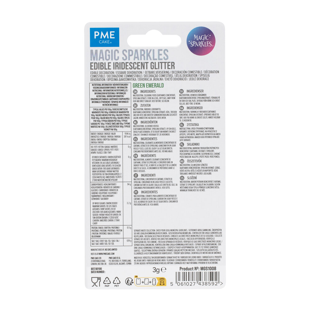PME Magic Sprinkles &ndash; Eetbare Iriserende Glittervlokken Smaragdgroen (3g)