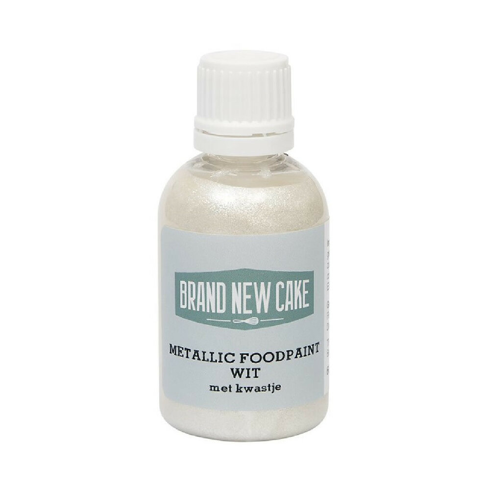 BrandNewCake Metallic Food Paint Wit met Kwastje 60 g
