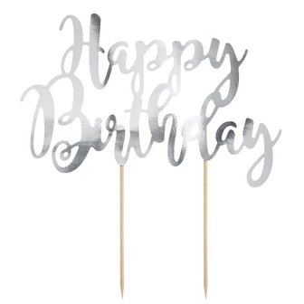 PartyDeco Cake Topper Happy Birthday Silver