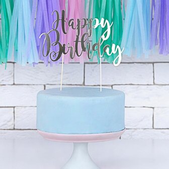 PartyDeco Cake Topper Happy Birthday Silver