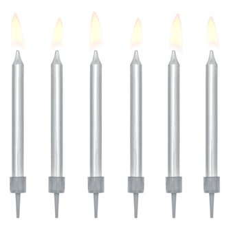 PartyDeco Birthday Candles Plain Silver 6cm pk/6