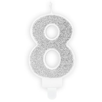 PartyDeco Silver Birthday Candle Number 8 