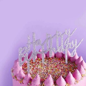 Hootyballoo Silver Glitter Happy Birthday Acrylic Cake Topper