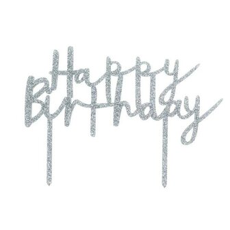 Hootyballoo Silver Glitter Happy Birthday Acrylic Cake Topper