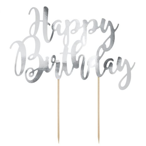 PartyDeco Cake Topper Happy Birthday Silver
