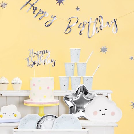 PartyDeco Cake Topper Happy Birthday Silver
