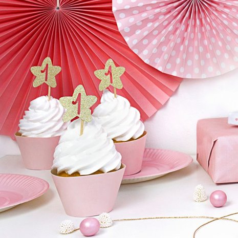 PartyDeco Cupcake Toppers Anniversaire 1 Étoile dorée Set/6