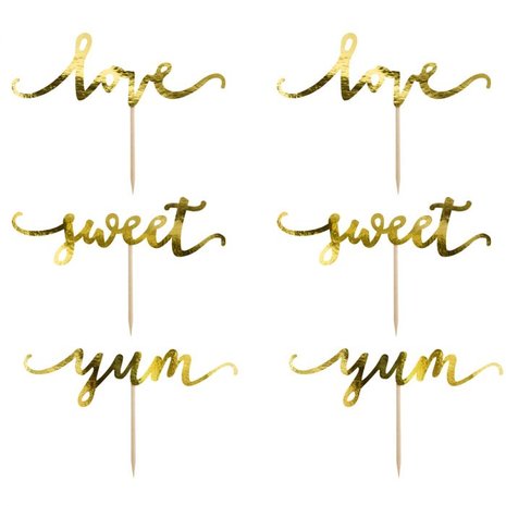 PartyDeco Cupcake Toppers Love Goud Set/6