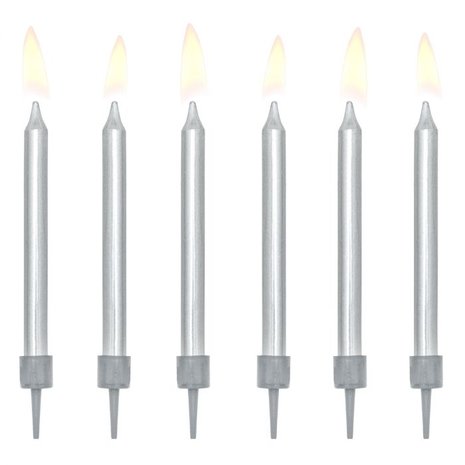 PartyDeco Birthday Candles Plain Silver 6cm pk/6