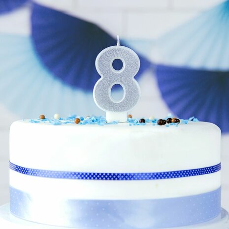 PartyDeco Silver Birthday Candle Number 8 