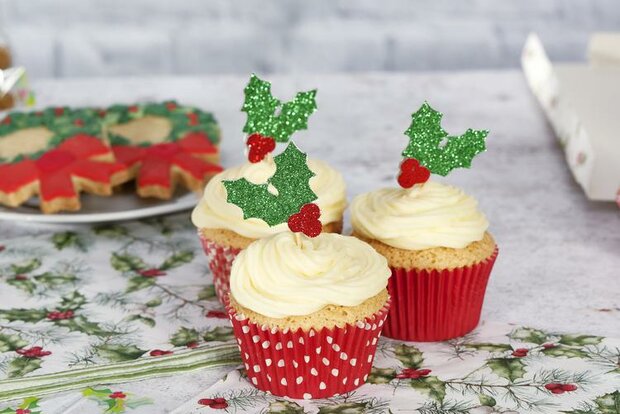 AH Glitter Holly Cupcake Toppers Red and Green pk/12