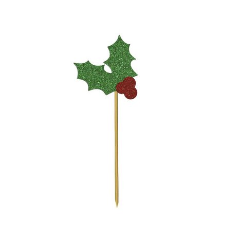 AH Glitter Holly Cupcake Toppers Red and Green pk/12