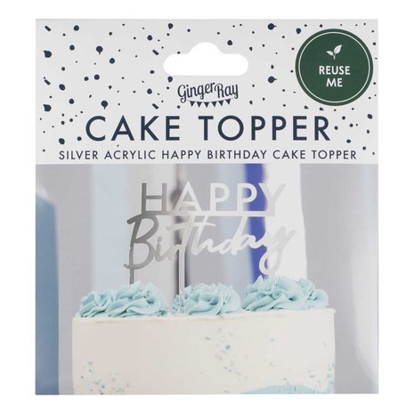 Ginger Ray Silver Acrylic Happy Birthday Cake Topper
