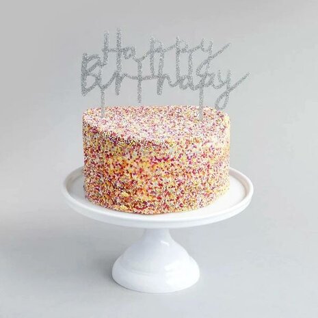 Hootyballoo Silver Glitter Happy Birthday Acrylic Cake Topper