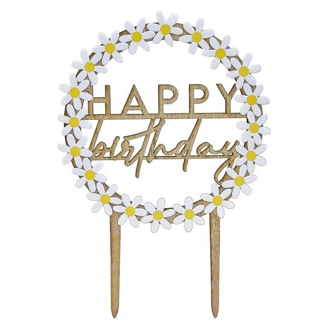 Ginger Ray Wooden Happy Birthday Cake Topper Daisies