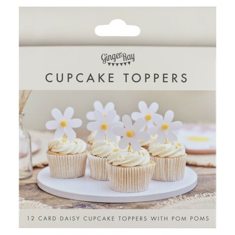 Ginger Ray Daisy Cupcake Toppers with Pom Poms pk/12