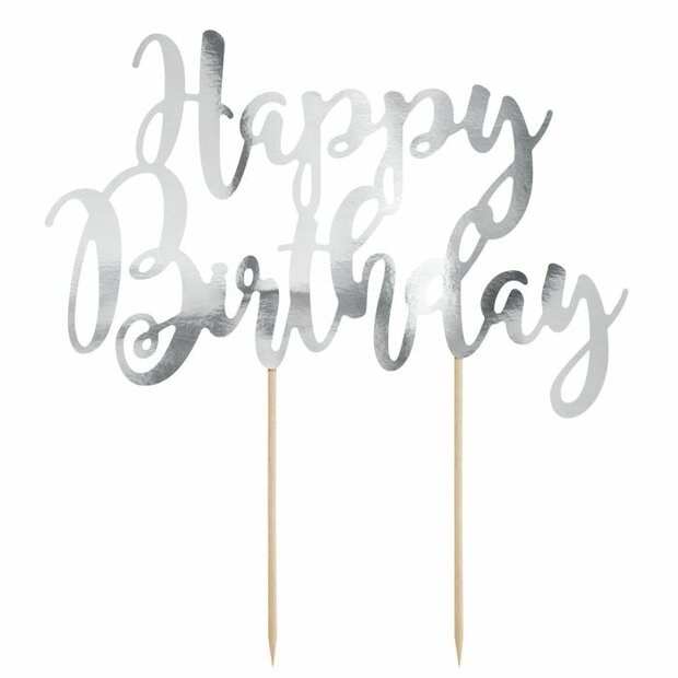 PartyDeco Cake Topper Happy Birthday Silver