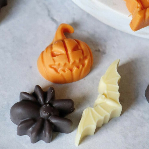 Siliconen Halloween Chocolade- en Snoepvorm &ndash; Spin, Pompoen &amp; Doodskop