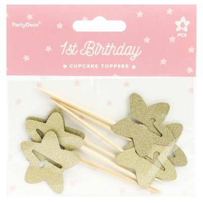 PartyDeco Cupcake Toppers 1st Birthday Gold Star Set/6