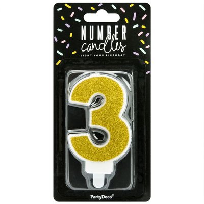 PartyDeco Golden Birthday Candle Number 3