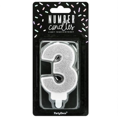 PartyDeco Silver Birthday Candle Number 3