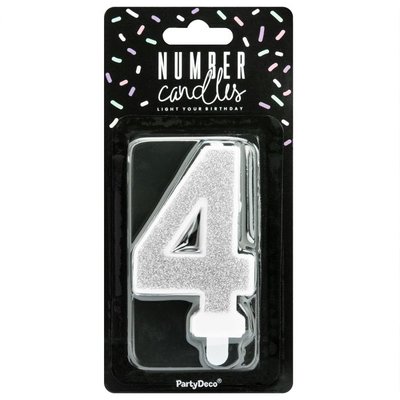 PartyDeco Silver Birthday Candle Number 4