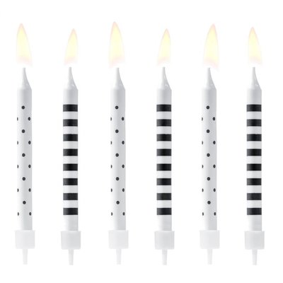 PartyDeco Birthday Candles Dots & Stripes Black & White pk/6