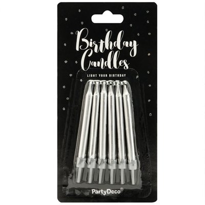 PartyDeco Birthday Candles Plain Silver 6cm pk/6