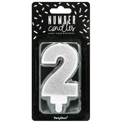 PartyDeco Silver Birthday Candle Number 2