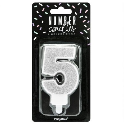 PartyDeco Silver Birthday Candle Number 5