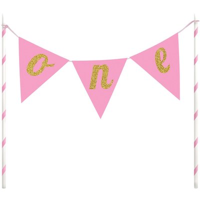 Anniversary House 'One' Cake Banner Topper Pink