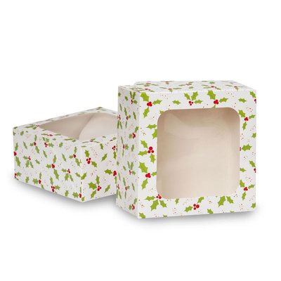 AH Holly Square Treat Boxes with Window pk/2