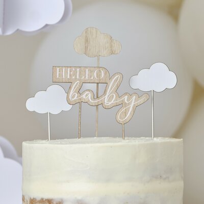 Ginger Ray Wooden Hello Baby and Clouds Cake Topper