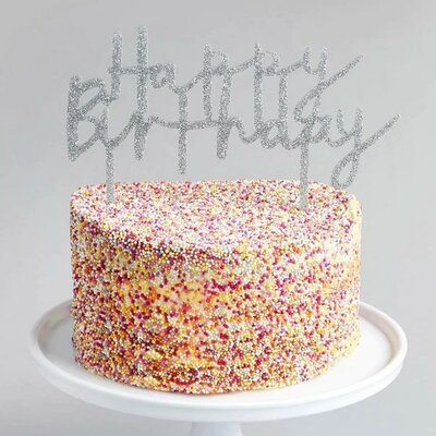 Hootyballoo Silver Glitter Happy Birthday Acrylic Cake Topper