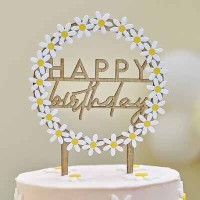 Ginger Ray Wooden Happy Birthday Cake Topper Daisies